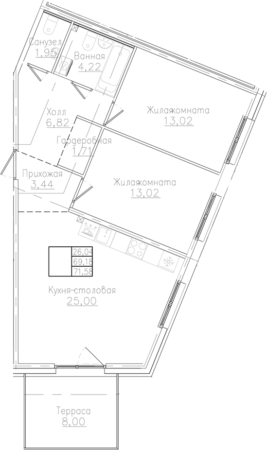 Планировка — Счастье 2.0, 2-комн., 69 м²