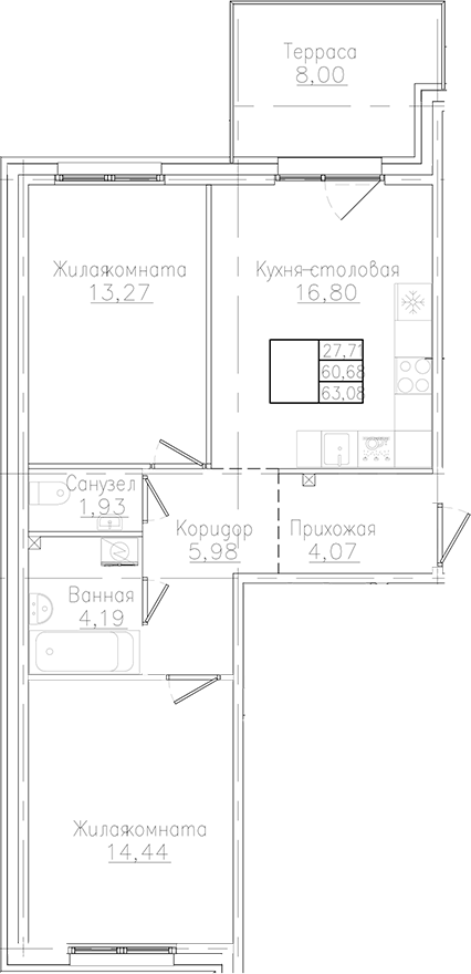 Планировка — Счастье 2.0, 2-комн., 61 м²
