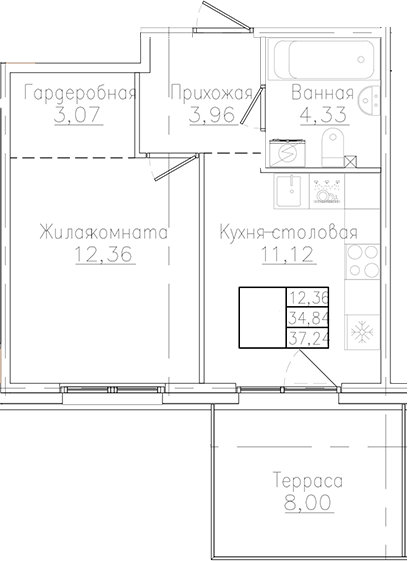 Планировка — Счастье 2.0, 1-комн., 35 м²