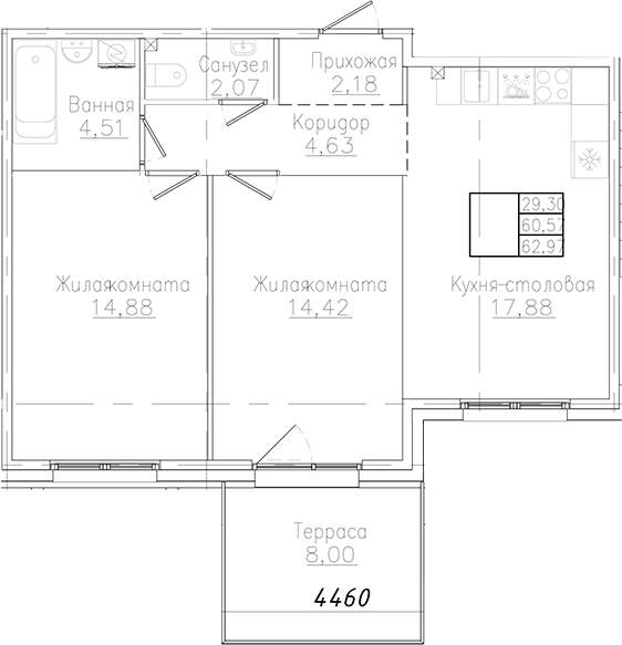 Планировка — Счастье 2.0, 2-комн., 61 м²