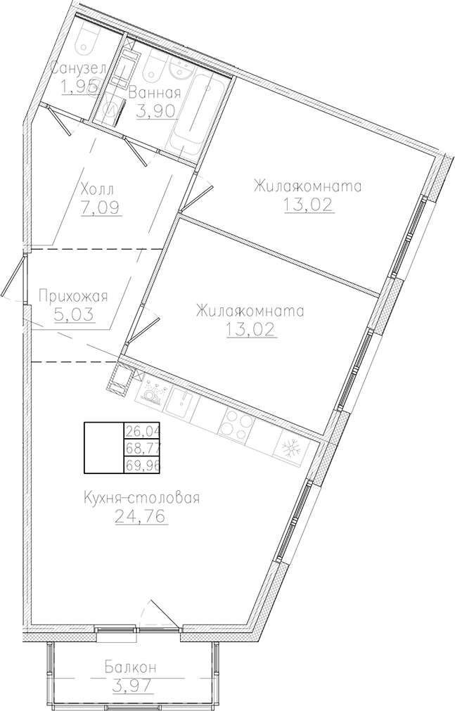 Планировка — Счастье 2.0, 2-комн., 69 м²