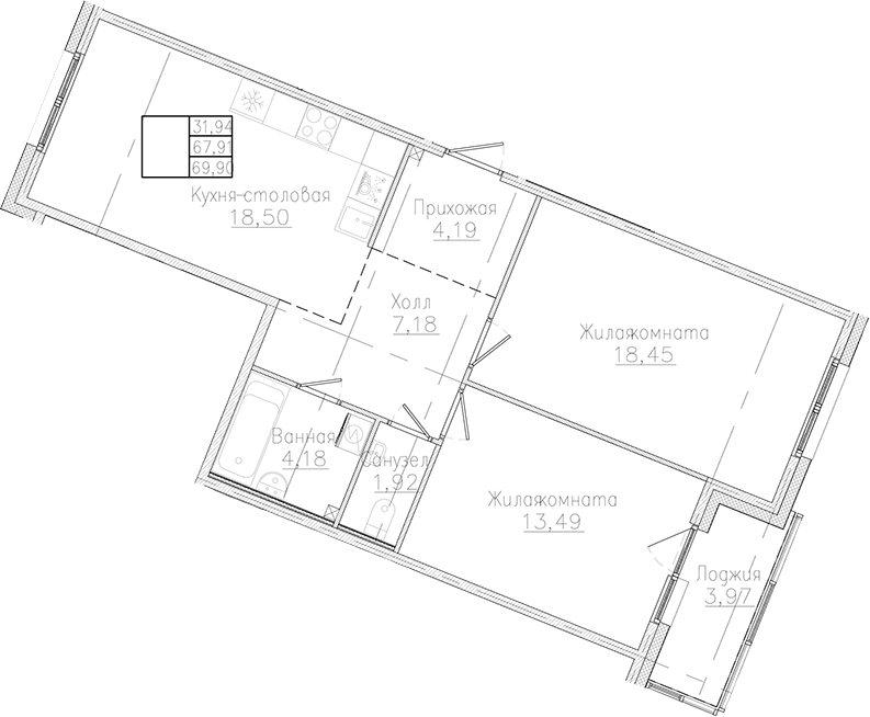 Планировка — Счастье 2.0, 2-комн., 68 м²