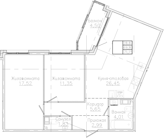 Планировка — Счастье 2.0, 2-комн., 70 м²