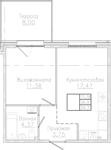 Планировка — Счастье 2.0, 1-комн., 37 м²