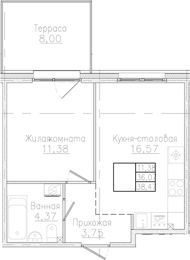 Планировка — Счастье 2.0, 1-комн., 36 м²