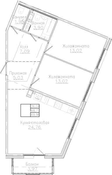 Планировка — Счастье 2.0, 2-комн., 69 м²