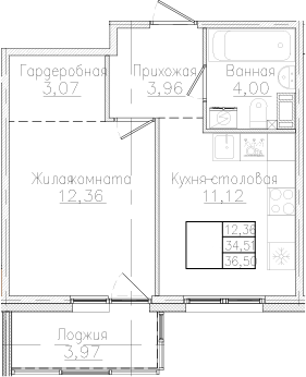 Планировка — Счастье 2.0, 1-комн., 35 м²