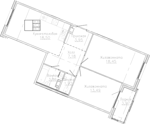 Планировка — Счастье 2.0, 2-комн., 67 м²