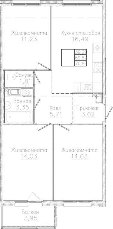 Планировка — Счастье 2.0, 3-комн., 70 м²