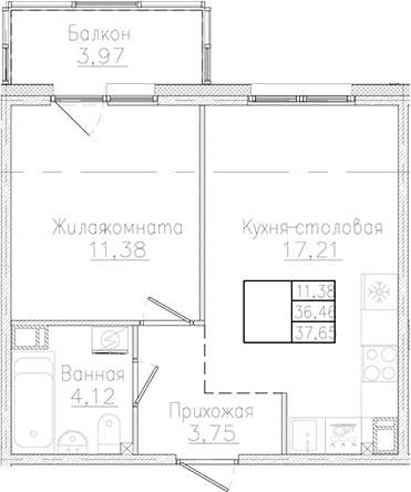 Планировка — Счастье 2.0, 1-комн., 36 м²