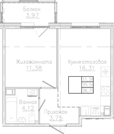 Планировка — Счастье 2.0, 1-комн., 36 м²