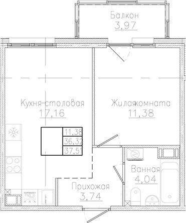 Планировка — Счастье 2.0, 1-комн., 36 м²
