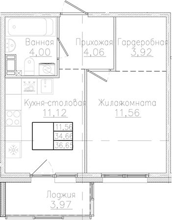 Планировка — Счастье 2.0, 1-комн., 35 м²