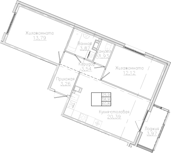 Планировка — Счастье 2.0, 2-комн., 59 м²