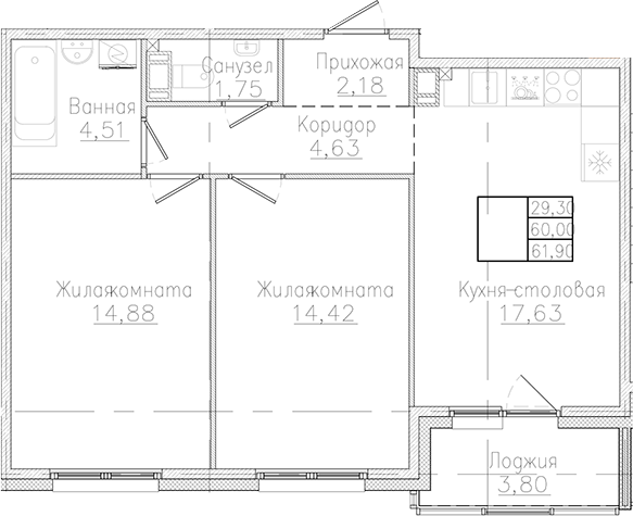 Планировка — Счастье 2.0, 2-комн., 60 м²