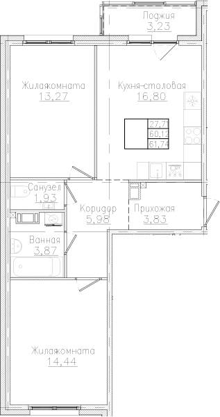 Планировка — Счастье 2.0, 2-комн., 60 м²