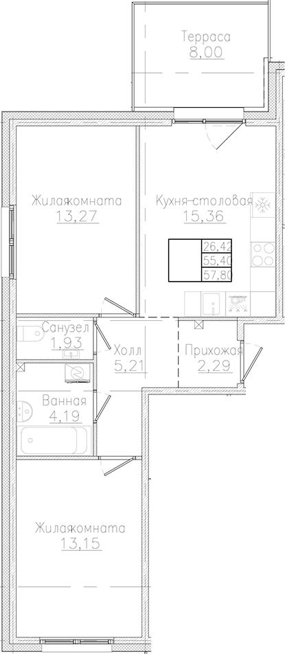 Планировка — Счастье 2.0, 2-комн., 55 м²