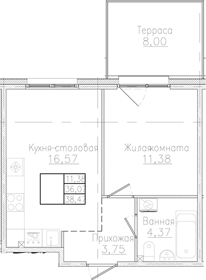 Планировка — Счастье 2.0, 1-комн., 36 м²