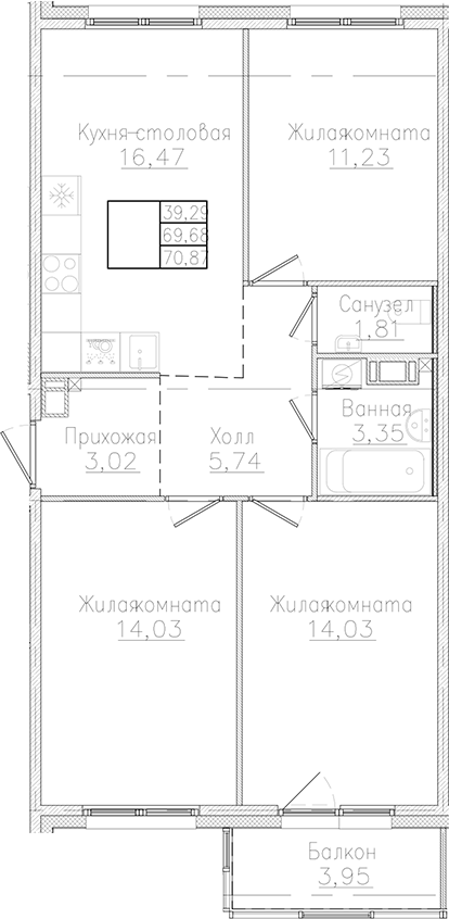 Планировка — Счастье 2.0, 3-комн., 70 м²