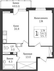 Планировка — Южная звезда, 2-комн., 57 м²