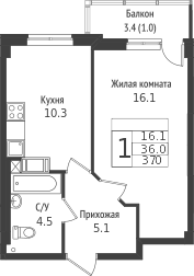 Планировка — Южная звезда, 1-комн., 38 м²