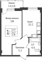 Планировка — Южная звезда, 1-комн., 39 м²