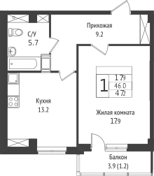 Планировка — Южная звезда, 1-комн., 49 м²