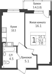 Планировка — Южная звезда, 1-комн., 38 м²