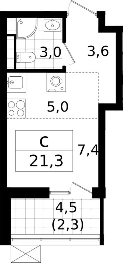 Планировка — А101 Всеволожск, Студия, 19 м²