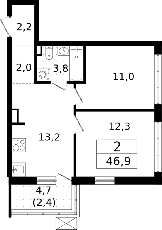 Планировка — А101 Всеволожск, 2-комн., 44 м²