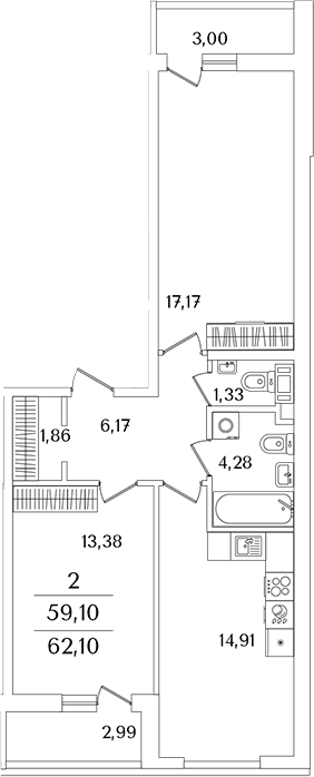 Планировка — Лайнеръ, 2-комн., 59 м²
