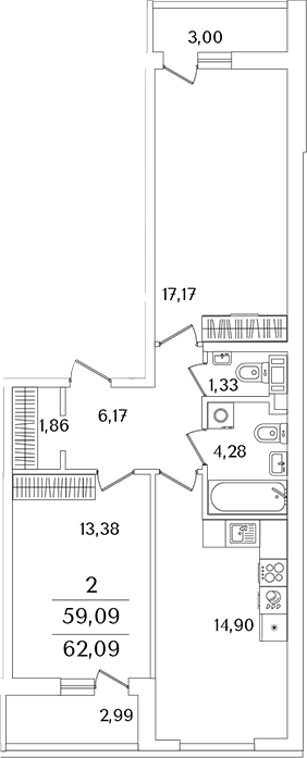 Планировка — Лайнеръ, 2-комн., 59 м²