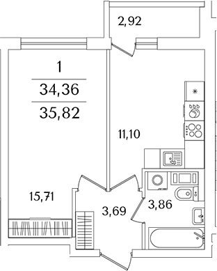 Планировка — Лайнеръ, 1-комн., 34 м²