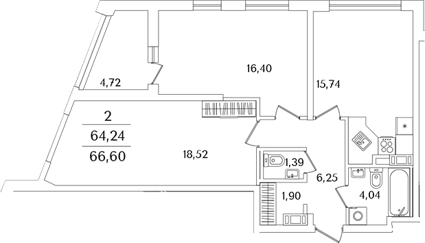 Планировка — Лайнеръ, 3-комн., 64 м²