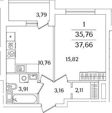 Планировка — Лайнеръ, 1-комн., 36 м²