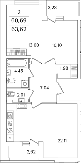 Планировка — Лайнеръ, 3-комн., 61 м²