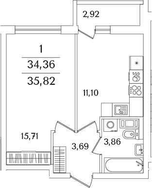 Планировка — Лайнеръ, 1-комн., 34 м²