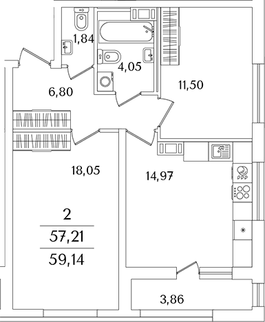 Планировка — Лайнеръ, 2-комн., 57 м²