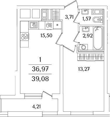 Планировка — Лайнеръ, 2-комн., 37 м²