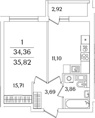 Планировка — Лайнеръ, 1-комн., 34 м²