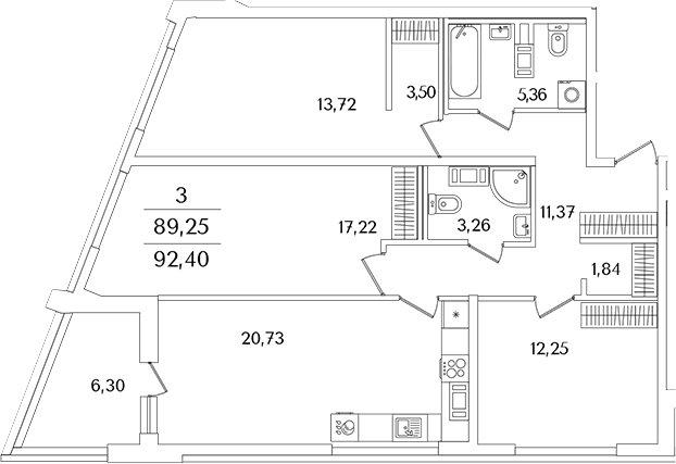 Планировка — Лайнеръ, 3-комн., 89 м²