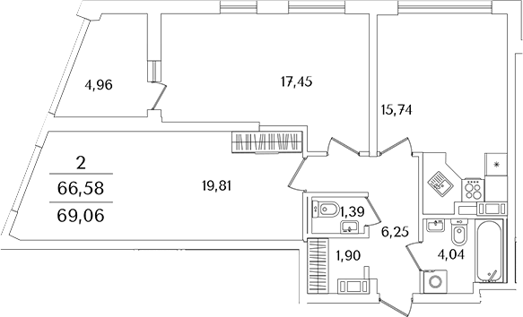 Планировка — Лайнеръ, 3-комн., 67 м²