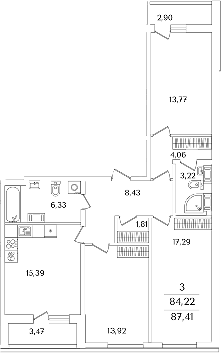 Планировка — Лайнеръ, 3-комн., 84 м²