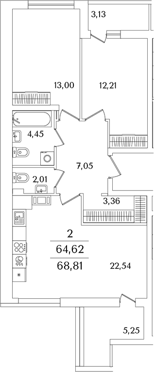 Планировка — Лайнеръ, 3-комн., 65 м²