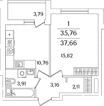 Планировка — Лайнеръ, 1-комн., 36 м²