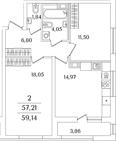 Планировка — Лайнеръ, 2-комн., 57 м²