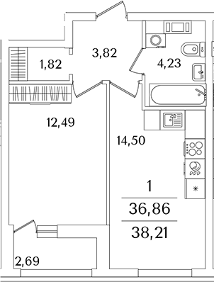 Планировка — Лайнеръ, 2-комн., 37 м²