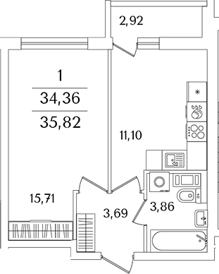Планировка — Лайнеръ, 1-комн., 34 м²