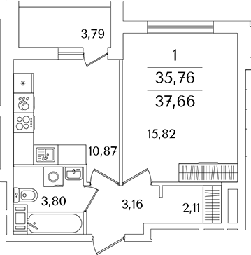 Планировка — Лайнеръ, 1-комн., 36 м²