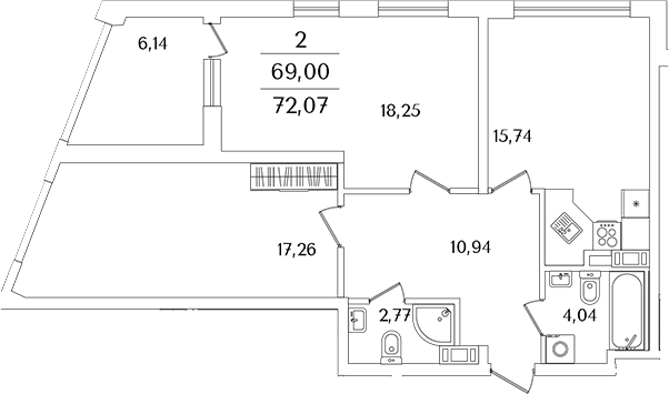 Планировка — Лайнеръ, 3-комн., 69 м²